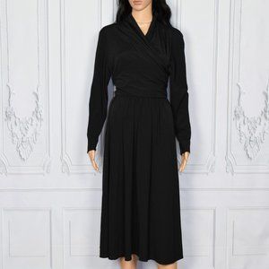 Vintage 70s Susan Howard California Black Polyester Midi Long Sleeve Dress